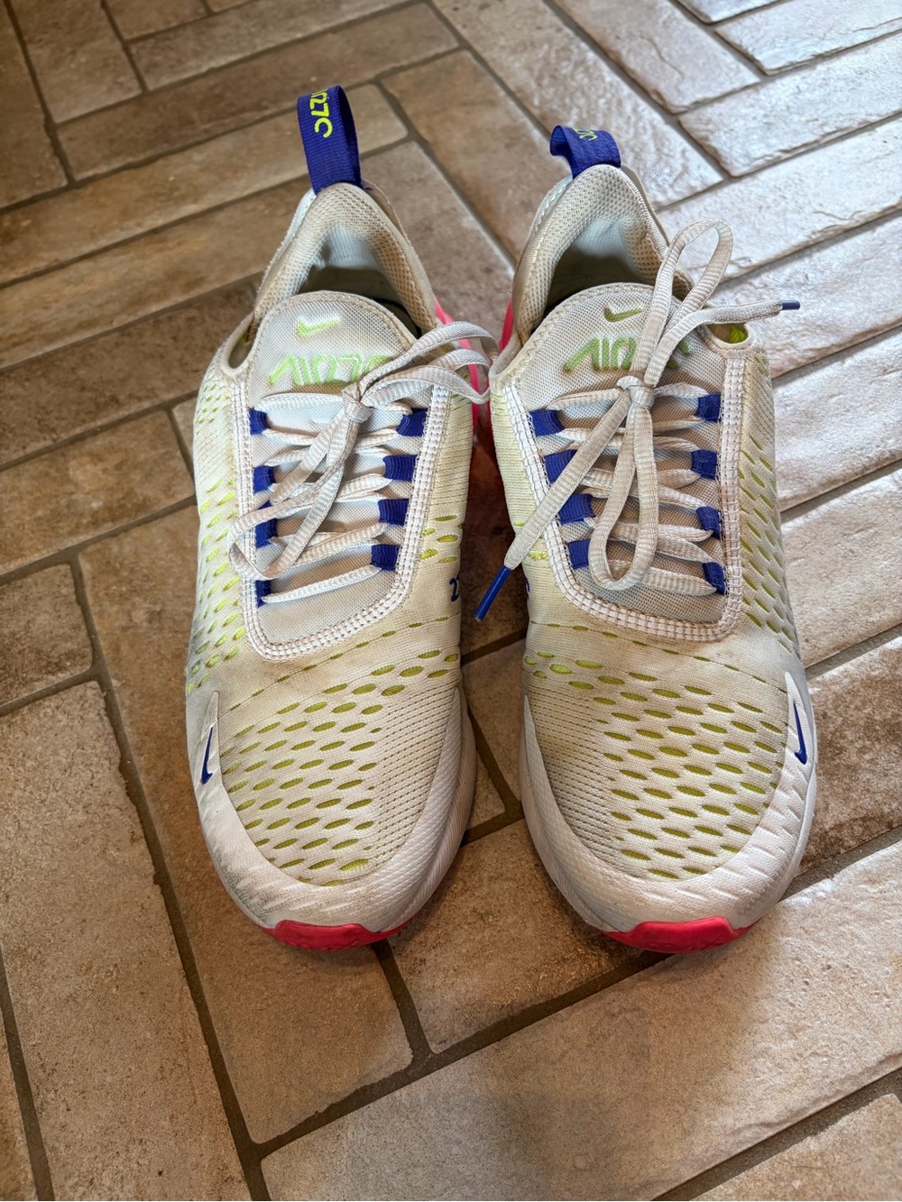 Nike White Sneakers with Neon Yellow, Blue & Pink Accents